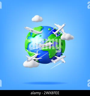 3D Airplane in Clouds and Globe Isolated Stock Vector
