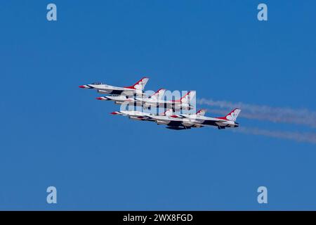 El Centro, Ca, USA. 1st Mar, 2024. March 01, 2024-El Centro, CA: Thunderbirds refine aerial maneuvers in spring training, showcasing Air Force excellence worldwide in precision and skillful formations. (Credit Image: © Kenneth Weisenberger Grindstone/ASP) EDITORIAL USAGE ONLY! Not for Commercial USAGE! Stock Photo