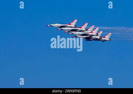 Precision And Skillful Formations. 01st Mar, 2024. CA: Thunderbirds refine aerial maneuvers in spring training, showcasing Air Force excellence worldwide in precision and skillful formations. Credit: csm/Alamy Live News Stock Photo