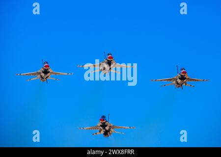Precision And Skillful Formations. 01st Mar, 2024. CA: Thunderbirds refine aerial maneuvers in spring training, showcasing Air Force excellence worldwide in precision and skillful formations. Credit: csm/Alamy Live News Stock Photo
