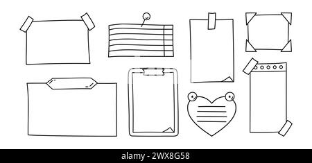 Doodle paper notes set. Paper sheets, stickers and pins. For to do list and memo. Vector illustration Stock Vector