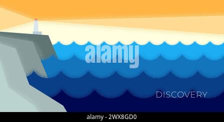 Abstract retro minimal horizontal banner with lighthouse on rock on sea. Geometric seascape vintage poster. Graphic beacon on ocean harbour scene on trendy minimalist vector eps print Stock Vector