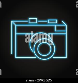 Retro photo camera neon icon. Soviet style classic camera. Vector illustration. Stock Vector