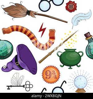 Magic items seamless pattern in flat style. School of Magic. Pumpkin, key, magic ball, feather, spider, hat, broom skull snake Stock Vector