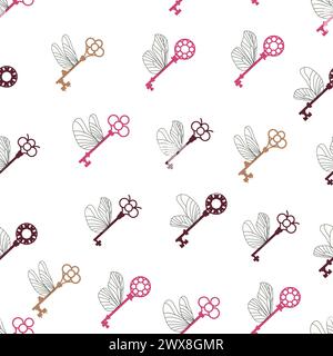 Seamless pattern with magic keys with wings. Stock Vector