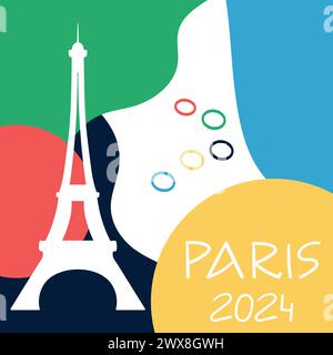 Paris 2024 Olympic sport games design. Colorful background with abstract shapes, rings and Eiffel tower silhouette. Vector illustration Stock Vector