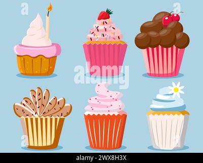 Collection of cartoon colourful cupcakes with beautiful icing Stock Vector
