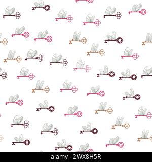 Seamless pattern with magic keys with wings. Stock Vector