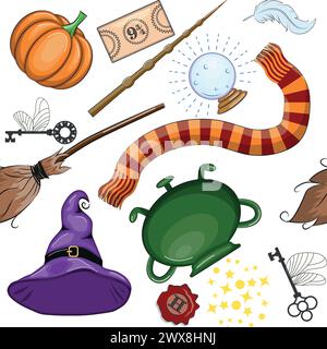Magic items seamless pattern in flat style. School of Magic. Pumpkin, key, magic ball, feather, spider, hat, broom skull snake Stock Vector