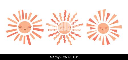 Cute hand drawn smiling suns in different shapes. Scandinavian style decoration for nursery kids room. Vector illustration Stock Vector