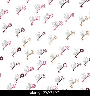 Seamless pattern with magic keys with wings. Stock Vector