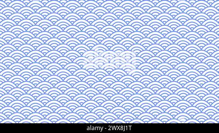 Traditional Japanese or Chinese blue and white wave pattern background. High resolution full frame oriental illustration background with copy space. Stock Photo