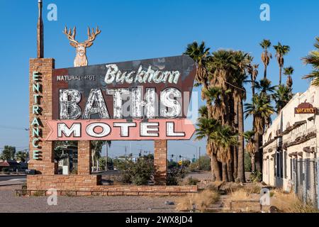 Mesa, Arizona - December 14, 2023: Famous abandoned Buckhorn Baths motel and vintage neon sign, a local landmark Stock Photo