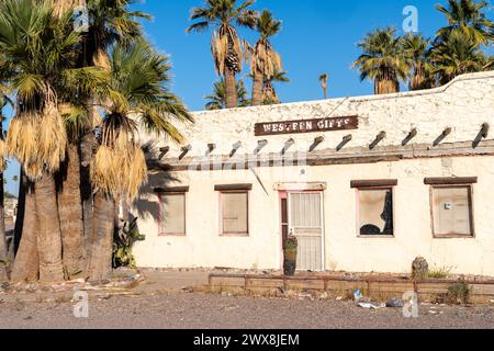 Mesa, Arizona - December 14, 2023: Famous abandoned Buckhorn Baths motel and vintage neon sign, a local landmark Stock Photo