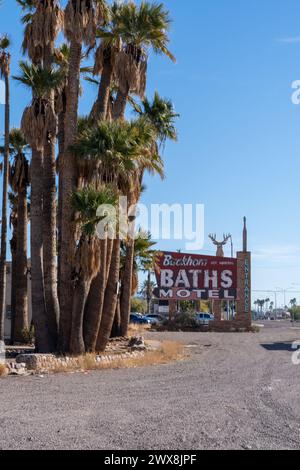 Mesa, Arizona - December 14, 2023: Famous abandoned Buckhorn Baths motel and vintage neon sign, a local landmark Stock Photo