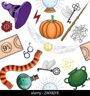 Magic items seamless pattern in flat style. School of Magic. Pumpkin, key, magic ball, feather, spider, hat, broom skull snake Stock Vector