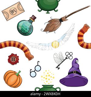 Magic items seamless pattern in flat style. School of Magic. Pumpkin, key, magic ball, feather, spider, hat, broom skull snake Stock Vector