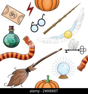 Magic items seamless pattern in flat style. School of Magic. Pumpkin, key, magic ball, feather, spider, hat, broom skull snake Stock Vector