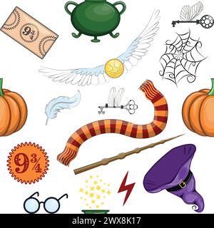 Magic items seamless pattern in flat style. School of Magic. Pumpkin, key, magic ball, feather, spider, hat, broom skull snake Stock Vector