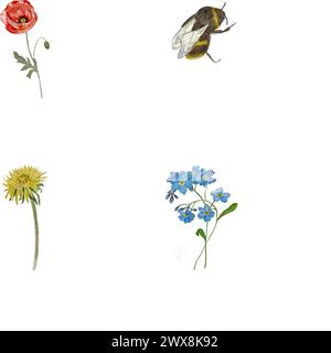 Watercolor seamless pattern. Illustration with red poppies and leaves on white background. Botanical texture, paper, fabric Stock Photo