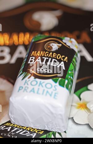 Viersen, Germany - March 9. 2024: Closeup of Mangaroca Batida de Coco chocolate coconut pralines Stock Photo