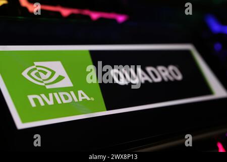 Viersen, Germany - March 9. 2024: Closeup of smartphone on computer keyboard with logo lettering of Nvidia Quadro Stock Photo