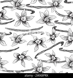 Vanilla flowers and pods. Vector seamless pattern. Vintage style. Hand drawn sketch engraving. Stock Vector
