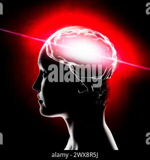 Side view of a girl with headache, brain pain, symptoms. Vertigo and drop in blood pressure. 3d rendering Stock Photo