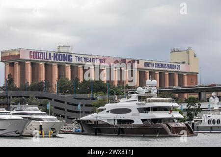 Sydney,Australia, Glebe Island silo billboard advertising 2024 Godzilla Kong The New Empire movie, and Sydney super yacht marina, Australia Stock Photo