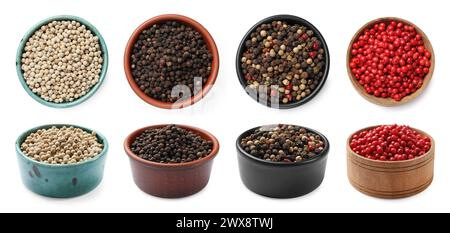Aromatic spices. Different types of peppercorns in bowls isolated on white, top and side views Stock Photo