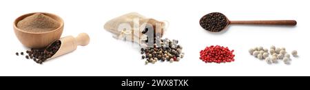 Aromatic spices. Different types of peppercorns isolated on white, set Stock Photo