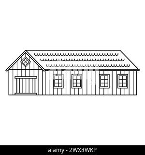 Vector house with door and windows. Black white monochrome line wooden barn. Isolated illustration on white background for coloring book Stock Vector