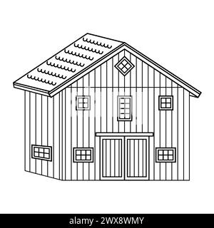 Black white monochrome line wooden barn. Isolated vector illustration on white background for coloring book Stock Vector