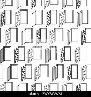 Seamless pattern of opened doors. Black white outline texture of wooden houses doors on white background Stock Vector