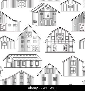 Seamless pattern. Black white outline texture of wooden barn houses on white background Stock Vector