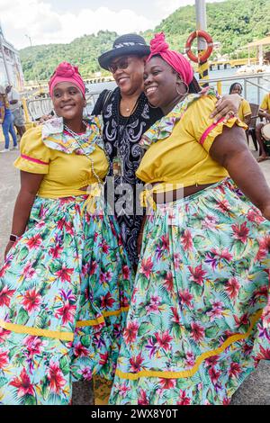 Port Roatan Honduras,Coxen Hole Bay Islands,Norwegian Joy Cruise Line ship,7-day Caribbean Sea itinerary,Garifuna Punta dancers musicians,preforming a Stock Photo