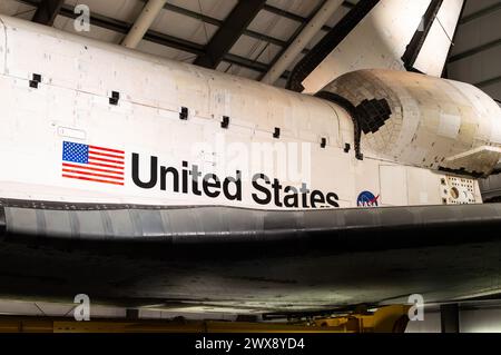 Side view from front of Space Shuttle Endeavour horizontally displayed at the California Science Center. Credit: Erik Morgan Stock Photo