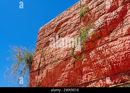 Green weeds poke through red tin siding covers adobe barn at historic Ranchos de Taos plaza in New Mexico Stock Photo