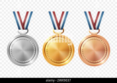 Vector Realistic Blank Golden, Silver, Bronze Award Medal Icon Set, Closeup, Isolated. First, Second, Third Place Prizes. Design Template for Sport Stock Vector