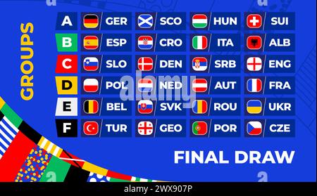 Football 2024 final stage groups. table of the final draw of the Football Championship 2024. National football teams with flag icons. Stock Vector