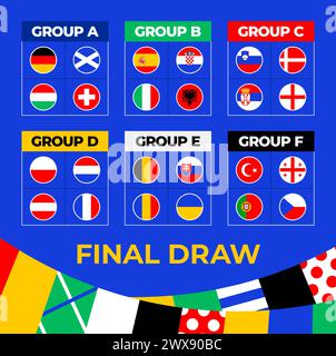 Football 2024 final stage groups. table of the final draw of the Football Championship 2024. National football teams with flag icons. Stock Vector