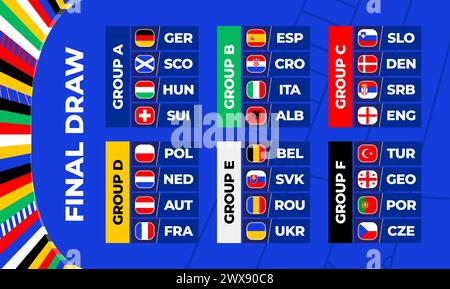 Football 2024 final stage groups. table of the final draw of the Football Championship 2024. National football teams with flag icons. Stock Vector