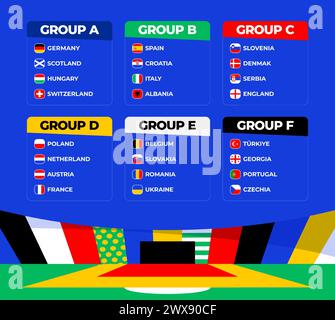 Football 2024 final stage groups. table of the final draw of the Football Championship 2024. National football teams with flag icons. Stock Vector