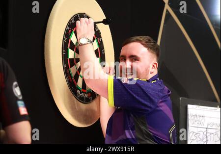 Luke Littler celebrates during night six of the BetMGM Premier League ...