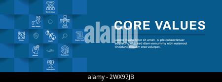 Core Values icon set and web header banner showing icons with core values Stock Vector