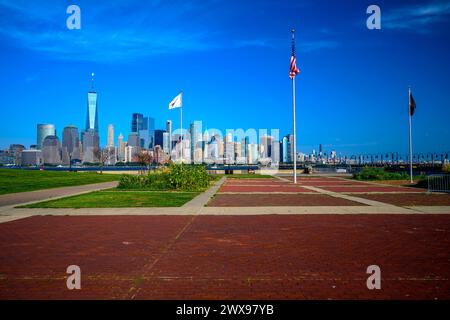 Views on New York Harbor, Manhattan and Statue of Liberty from the Liberty State Park, Jersey City, NJ, USA Stock Photo