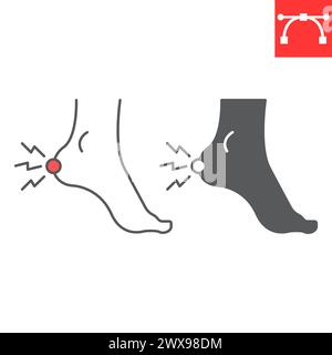Heel pain line and glyph icon, body pain and human disease, heel ache vector icon, vector graphics, editable stroke outline sign, eps 10. Stock Vector