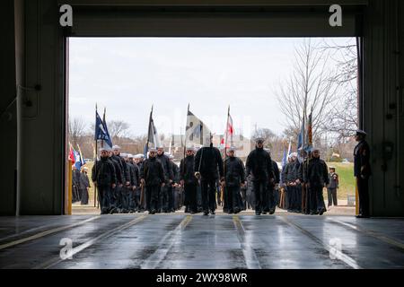 Great Lakes, Illinois, USA. 28th Mar, 2024. Sailors graduating from boot camp march into Midway Ceremonial Drill Hall during U.S. Navy Recruit Training Command's Pass in Review in Great Lakes, Illinois, Mar. 28, 2024. More than 40,000 recruits train annually at the Navy's only boot camp. (Credit Image: © Christopher M. O'Grady/U.S. Navy/ZUMA Press Wire) EDITORIAL USAGE ONLY! Not for Commercial USAGE! Stock Photo