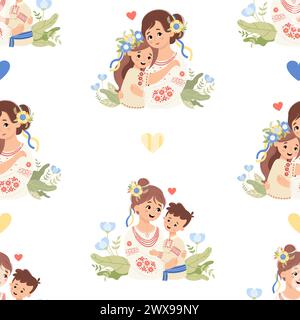 Seamless pattern Ukrainian woman mother with son and daughter in traditional clothes embroidered shirt on white background with yellow-blue hearts. Ve Stock Vector