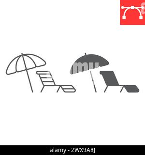 Umbrella and sun lounger line and glyph icon, summer and vacation, parasol and sunbed vector icon, vector graphics, editable stroke outline sign, eps Stock Vector